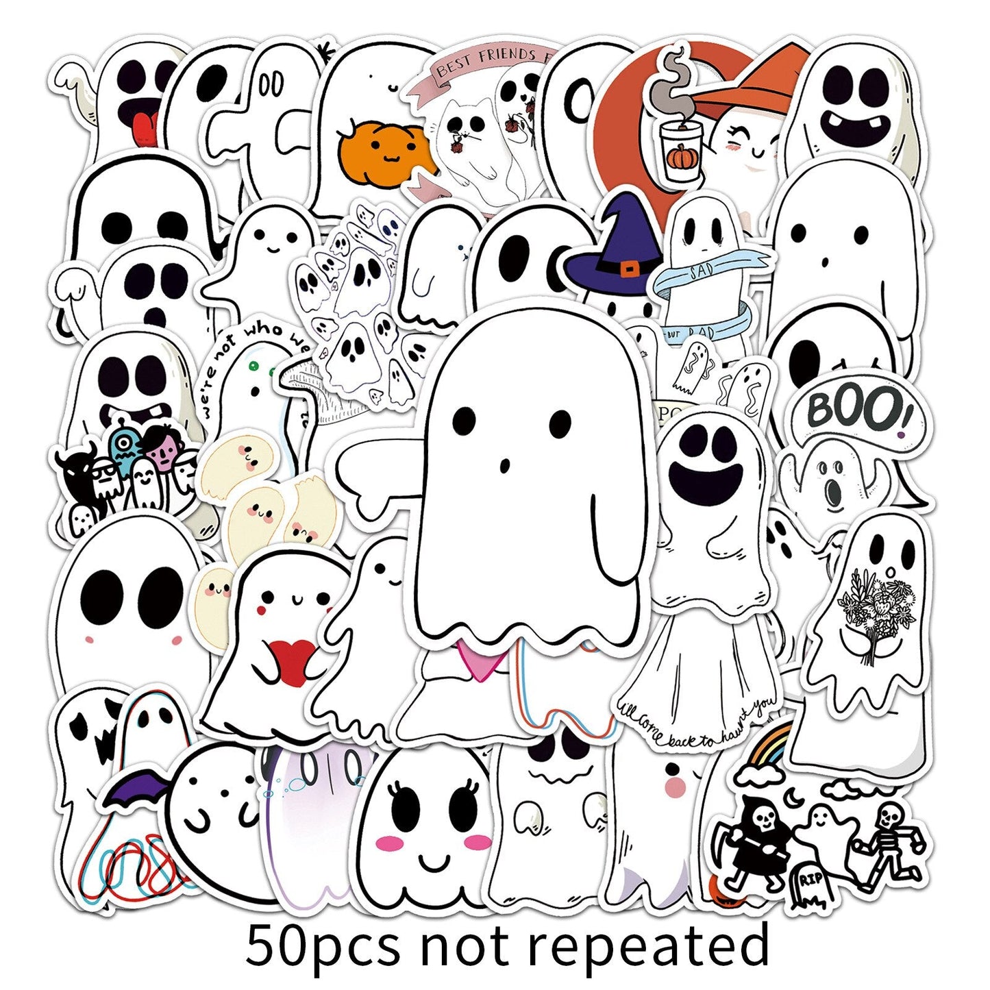 10/30/50PCS Cartoon White Sheet Ghost Stickers Halloween Style Graffiti Decals DIY Window Wall Notebook Phone Suitcase Kids Toys