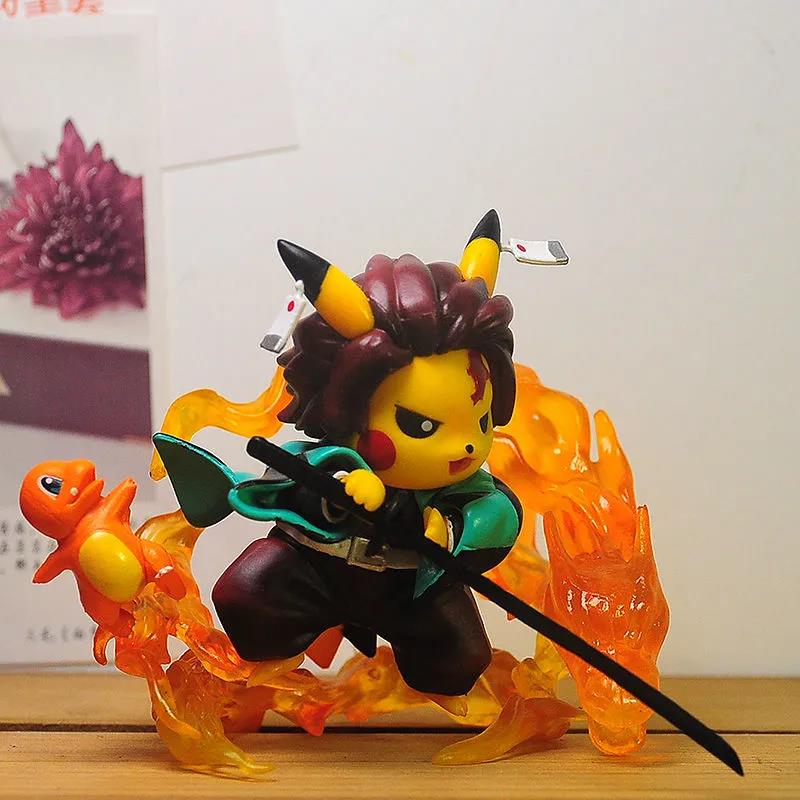 Pokemon Anime Action Figures demon slayer | Kawaii Pikachu Cosplay Demon Slayer Tanjirou Nezuko Zenitsu Model Collection toys