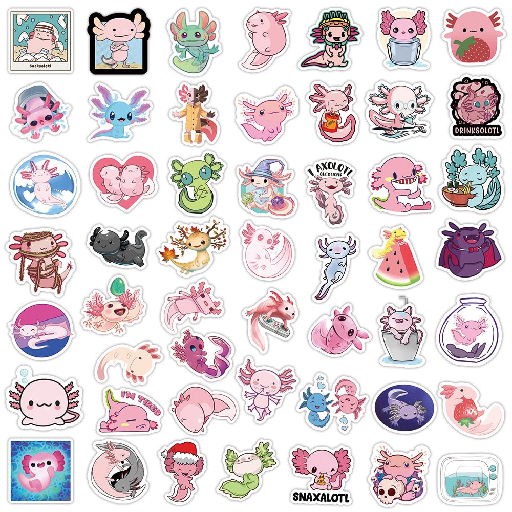 50pcs Cute Axolotl Stickers Laptop Phone Case Guitar Skateboard Scrapbook Fridge Cartoon Animal Salamander Decal for Kids Toy