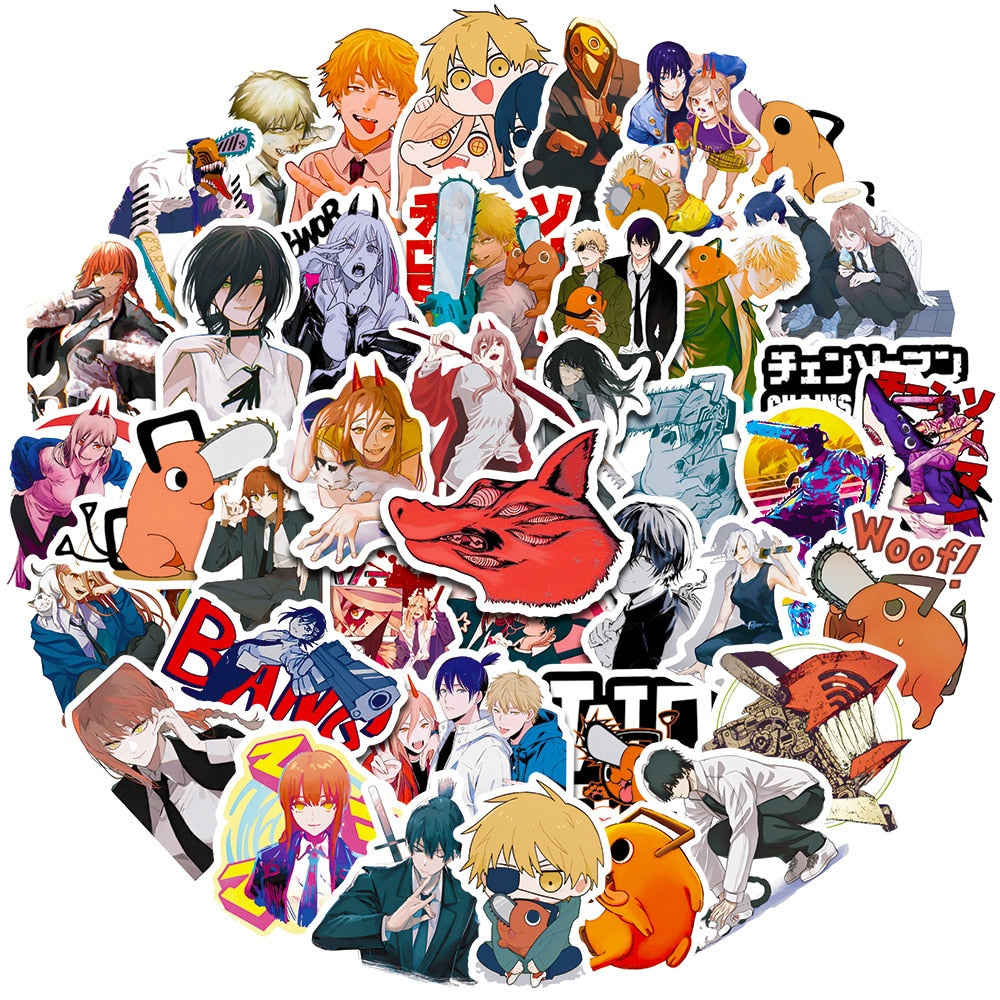 50pcs Anime Chainsaw Man Stickers Laptop Skateboard Luggage Car Scooter Guitar Cool Sticker Decal for Kids Gift Toy Waterproof