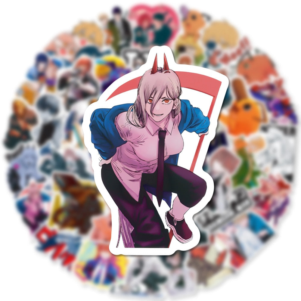 50pcs Anime Chainsaw Man Stickers Laptop Skateboard Luggage Car Scooter Guitar Cool Sticker Decal for Kids Gift Toy Waterproof