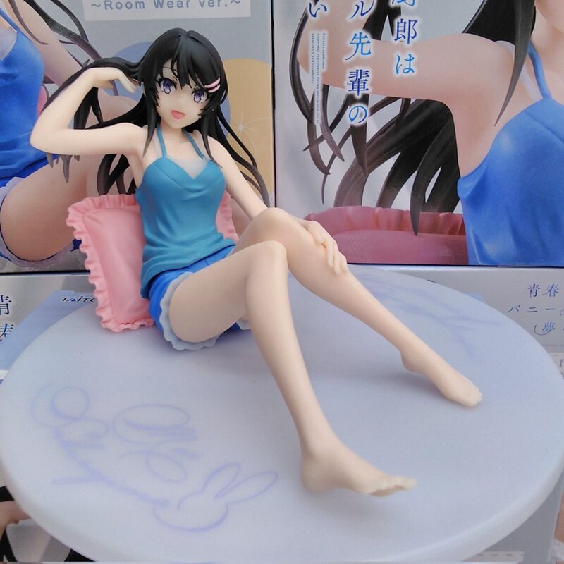 9CM Sakurajima Mai Anime Figure PVC Sitting Posture Home Clothes Blue Suspenders Shorts Model Toys  Collection Ornaments