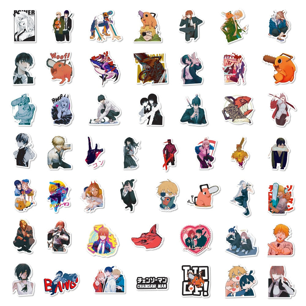 50pcs Anime Chainsaw Man Stickers Laptop Skateboard Luggage Car Scooter Guitar Cool Sticker Decal for Kids Gift Toy Waterproof