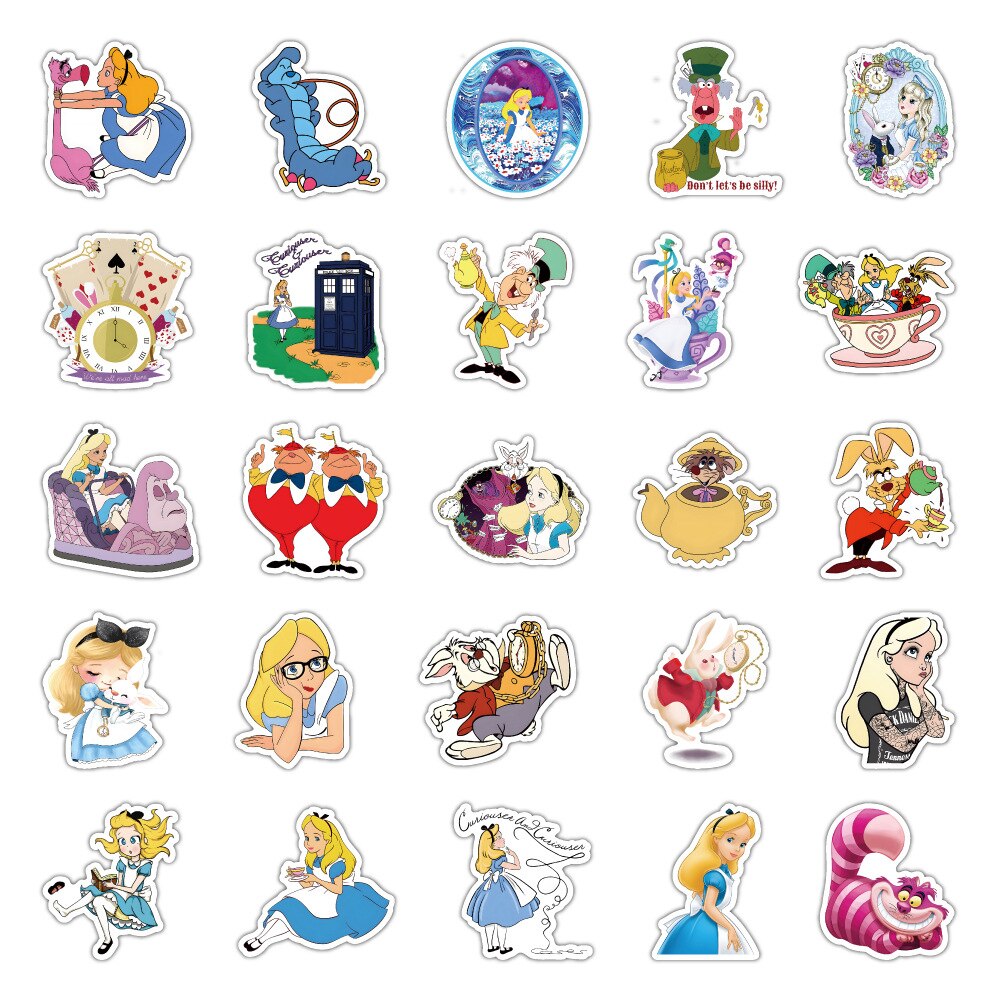 10/30/50PCS Disney Movie Alice in Wonderland Cartoon Sticker Decals DIY Laptop Luggage Skateboard Cute Sticker for Kid Toys Gift