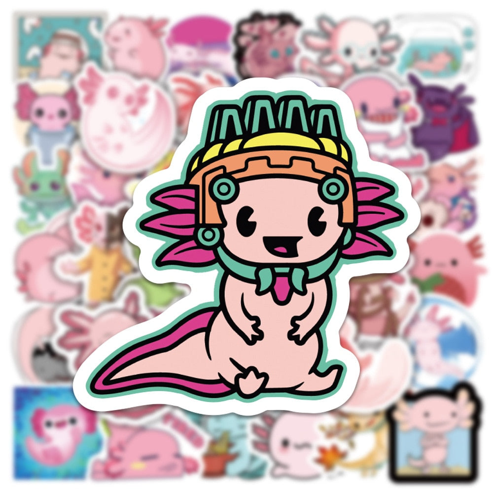 50pcs Cute Axolotl Stickers Laptop Phone Case Guitar Skateboard Scrapbook Fridge Cartoon Animal Salamander Decal for Kids Toy