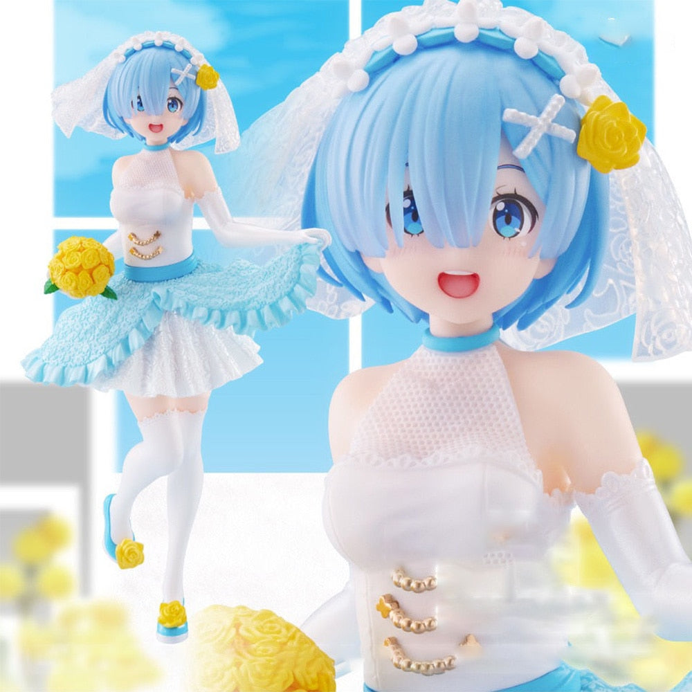 Cartoon anime Wedding Dress Blue Hair Girl  18cm Rem Figure Transparent Anime Girl Ornament Model Doll Gifts Toys