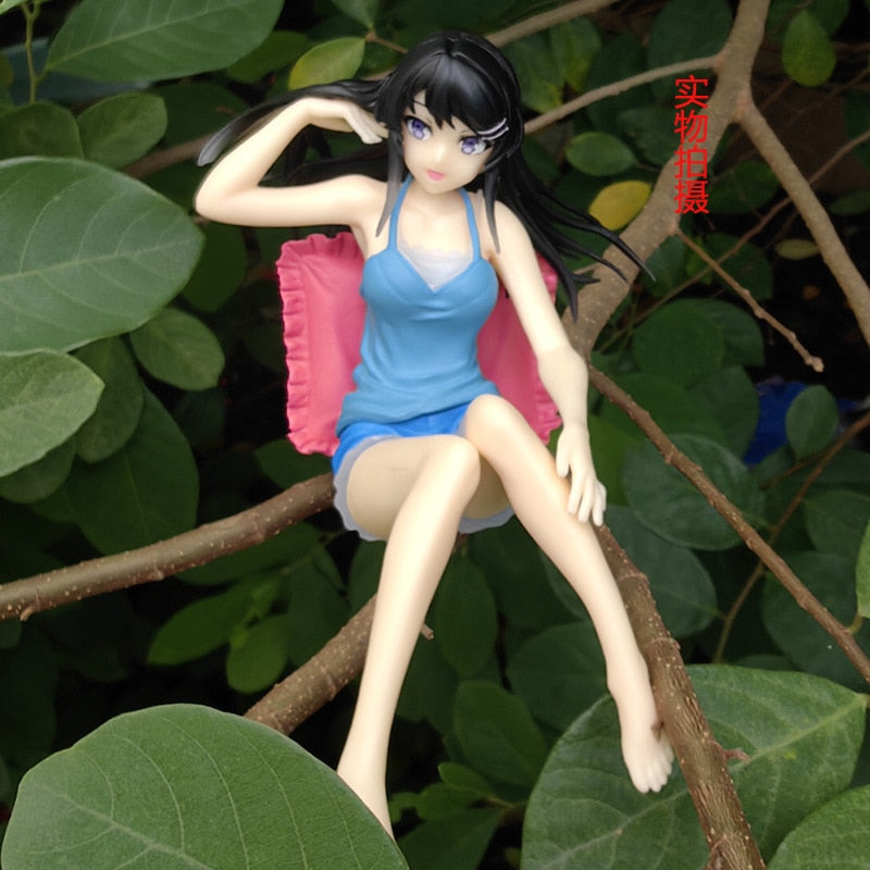 9CM Sakurajima Mai Anime Figure PVC Sitting Posture Home Clothes Blue Suspenders Shorts Model Toys  Collection Ornaments